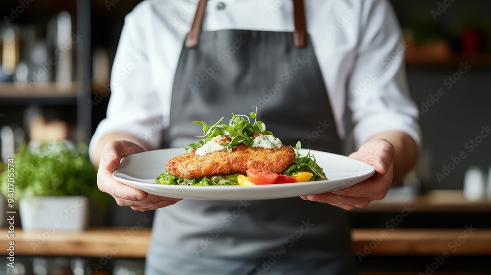 Someone holding a serving of Wiener Schnitzel, showcasing its classic appeal and presentation. Someone holding a serving of Wiener Schnitzel, showcasing its classic appeal and presentation.