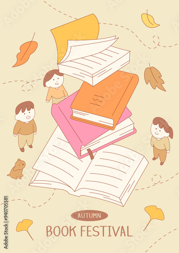 Illustration for autumn book festival. Cartoon style line drawing. People are watching books and leaves falling.