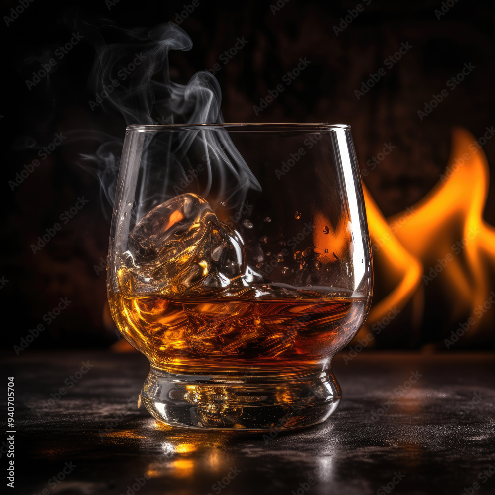 Whisky Splashing in a Chilled Glass with a Smoky and Icy Dark Background Emphasizing the Intriguing Contrast and Rich Flavor of the Beverage Perfect for Creative Cocktail Presentations Whisky Splashing in a Chilled Glass with a Smoky and Icy Dark Background Emphasizing the Intriguing Contrast and Rich Flavor of the Beverage Perfect for Creative Cocktail Presentations