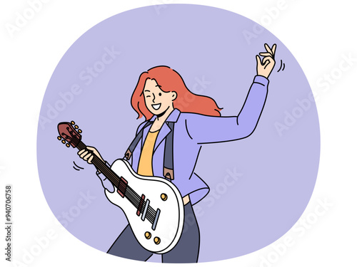 Woman with guitar plays rock music at concert and enjoys creative hobby and winks looking at screen. Happy young girl with white guitar is casting for popular musical television show