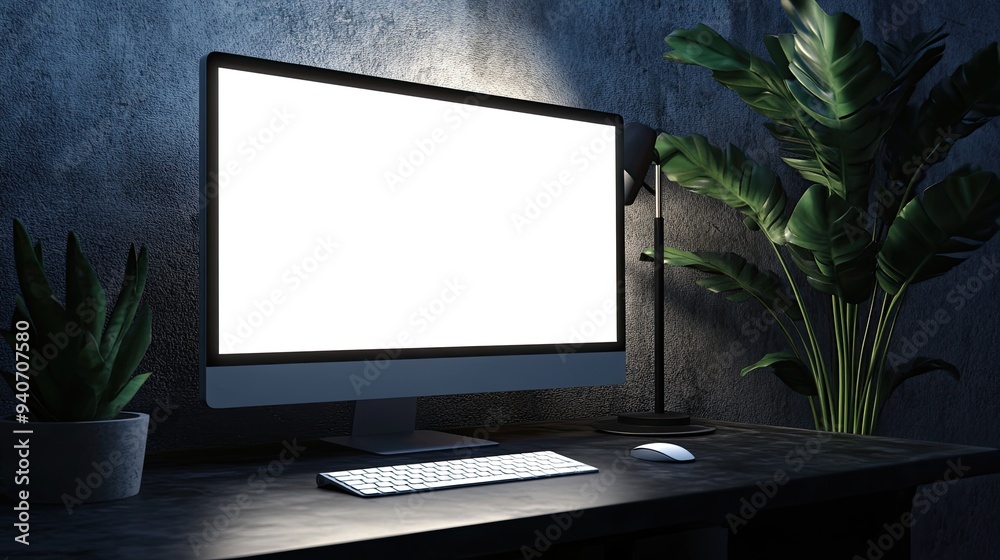 Computer Monitor on a Desk with Plants Computer Monitor on a Desk with Plants
