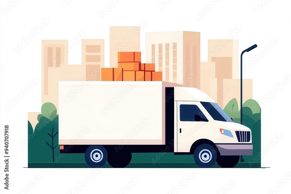 A delivery truck loaded with boxes travels through an urban landscape, symbolizing logistics and transport in a city environment. A delivery truck loaded with boxes travels through an urban landscape, symbolizing logistics and transport in a city environment.