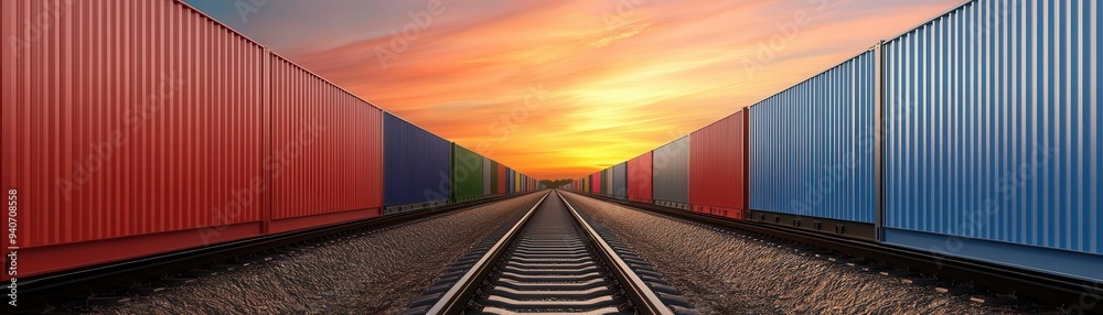 A stunning sunset view between colorful shipping containers on a railway track, perfect for logistics and transportation themes. A stunning sunset view between colorful shipping containers on a railway track, perfect for logistics and transportation themes.