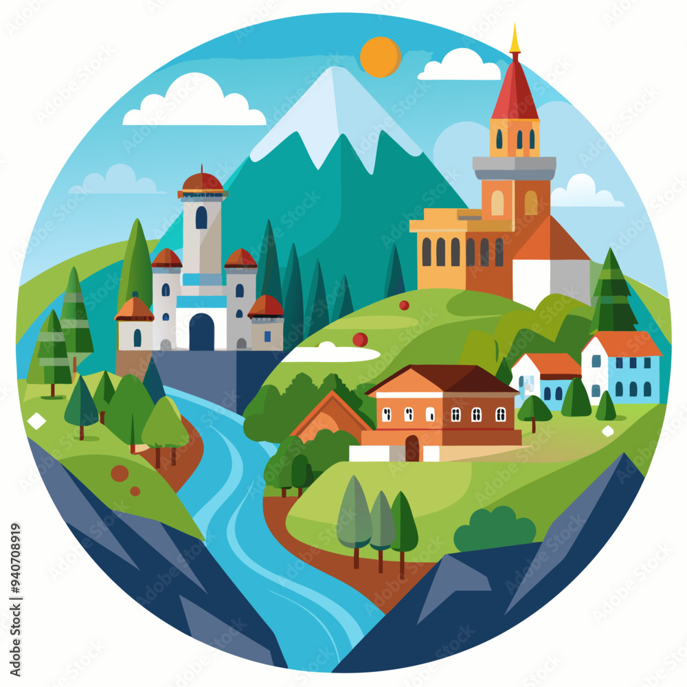 A Colorful Landscape with Mountains, Buildings, Trees, and a River A Colorful Landscape with Mountains, Buildings, Trees, and a River
