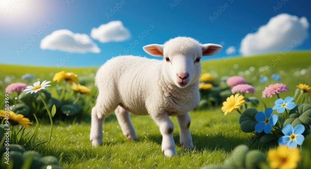 Fototapeta premium A playful lamb exploring a vibrant flower-filled meadow during a sunny spring afternoon