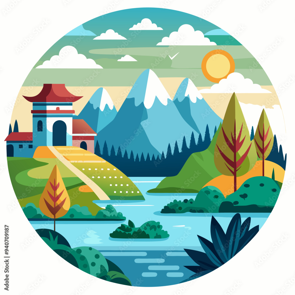 Serene Mountain Landscape with Pagoda and River Serene Mountain Landscape with Pagoda and River