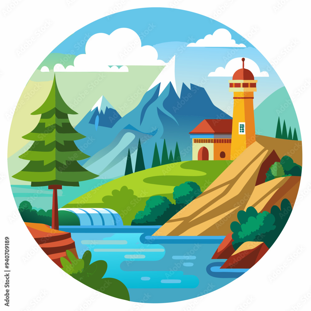 A Scenic Landscape Featuring a Mountain, Waterfall, River, and a Towering Building A Scenic Landscape Featuring a Mountain, Waterfall, River, and a Towering Building