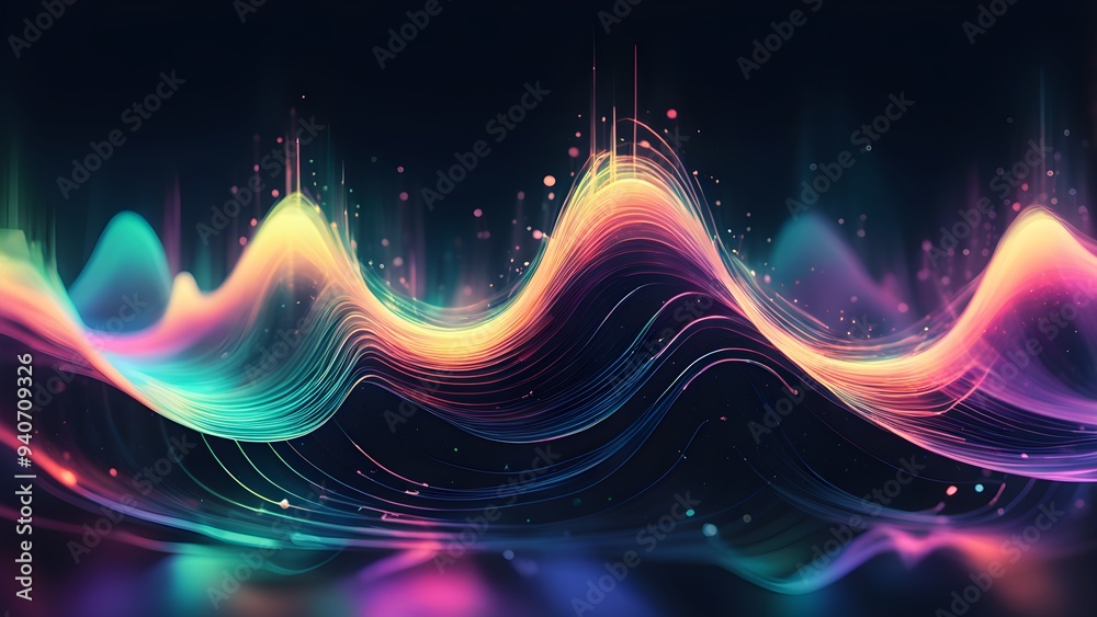 A colorful wave of light is displayed on a dark background A colorful wave of light is displayed on a dark background