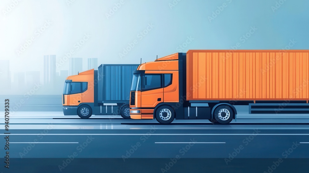 Two stylized trucks transport cargo along a city road, symbolizing freight delivery and logistics in a modern urban landscape. Two stylized trucks transport cargo along a city road, symbolizing freight delivery and logistics in a modern urban landscape.