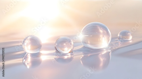 Glowing Light Orbs: Bright, glowing orbs of light floating in mid-air, casting soft reflections on a white background. 