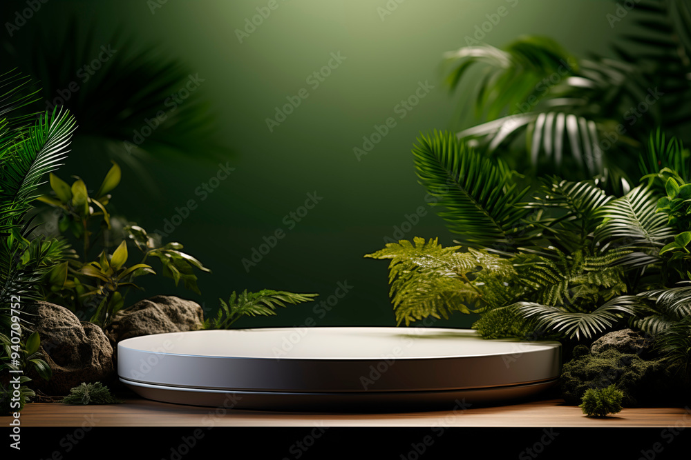 A clean and modern product display showcasing a cylindrical podium. The neutral background and natural elements A clean and modern product display showcasing a cylindrical podium. The neutral background and natural elements