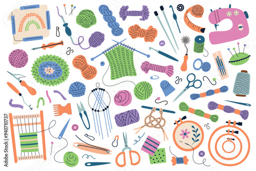 Vector illustration set of needlework tools and materials in a flat cartoon style. Colorful collection of knitting, crochet, embroidery, macrame supplies. Sewing accessories for craft and DIY designs