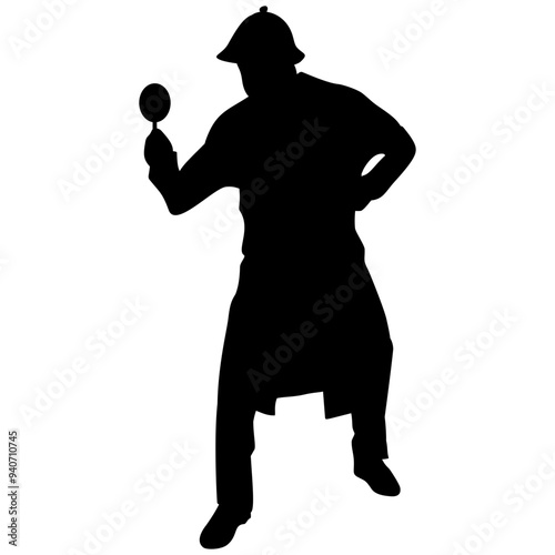 Silhouette of detective with magnifying glass in hand on transparent background. Suitable for stickers, logos, tattoos, icons