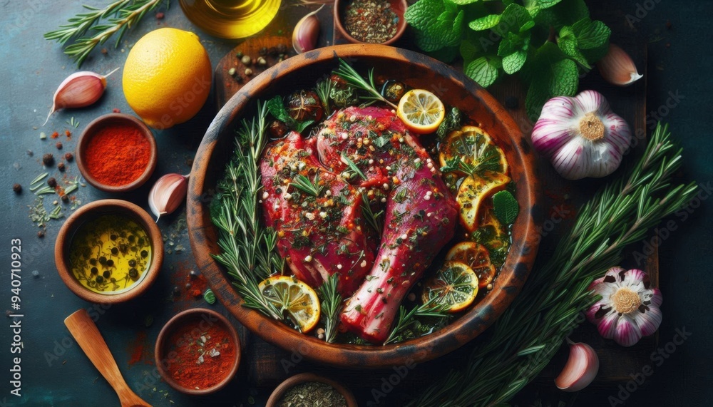 A vibrant and flavorful lamb marinade displayed in a rustic wooden bowl, rich with ingredients like freshly chopped herbs—rosemary, thyme, and mint—mixed with crushed garlic, lemon zest, and olive oil A vibrant and flavorful lamb marinade displayed in a rustic wooden bowl, rich with ingredients like freshly chopped herbs—rosemary, thyme, and mint—mixed with crushed garlic, lemon zest, and olive oil