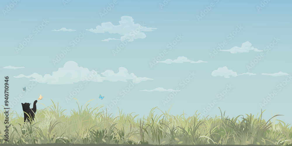 Ταπετσαρία Grass field landscape with a black cat playing with butterfly and blue sky background graphic illustration have blank space