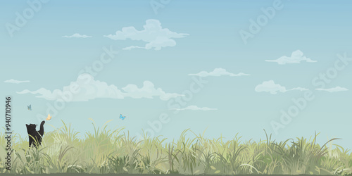 Grass field landscape with a black cat playing with butterfly and blue sky background graphic illustration have blank space.
