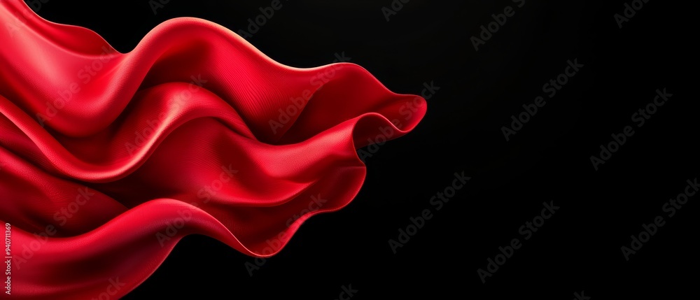 Fototapeta premium A red silk fabric flutters in the wind against a black backdrop