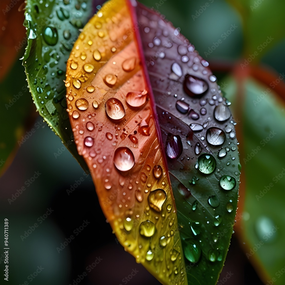 water drops on a red leaf