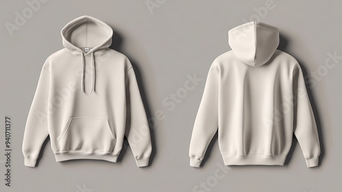 Beige hoodie front and back view on a grey background, minimal design.