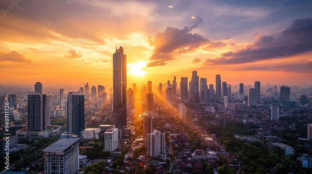 Sunset over a cityscape with towering skyscrapers Sunset over a cityscape with towering skyscrapers