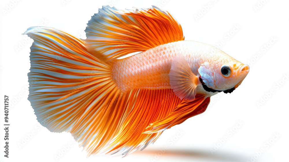 A full-body image of a beautiful Siamese fighting fish, swimming gracefully with its long fins trailing behind, isolated on a white background. A full-body image of a beautiful Siamese fighting fish, swimming gracefully with its long fins trailing behind, isolated on a white background.