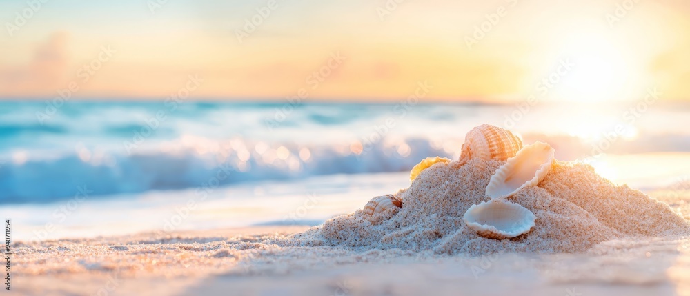 A seashell on a sandy beach, sun setting behind – wave advances from ocean A seashell on a sandy beach, sun setting behind – wave advances from ocean