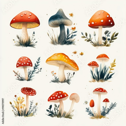 Illustration of nine different types of mushrooms with varying colors and details, surrounded by botanical elements, perfect for use in botanical guides, educational materials, or nature-themed decor