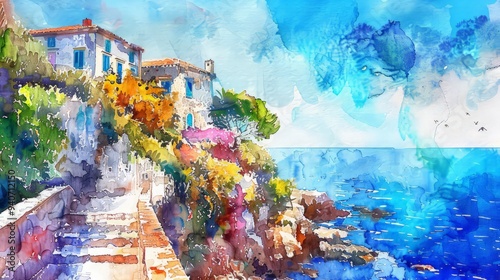 Hand drawn watercolor painting. Seascape painting.