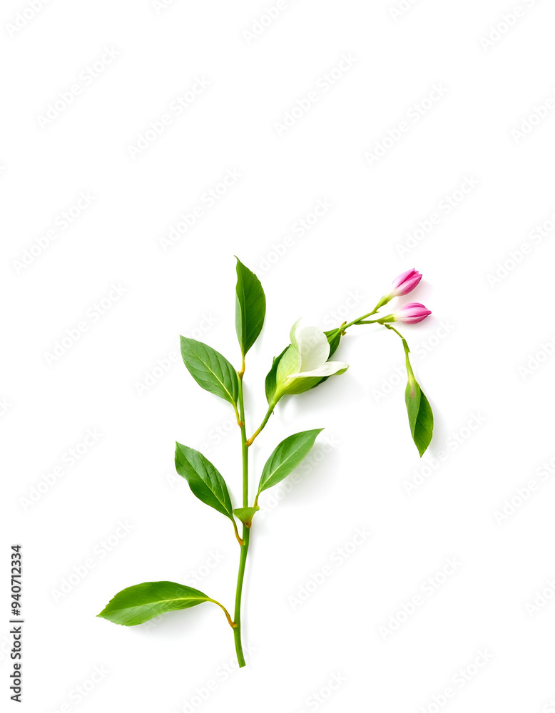 pink flower, green leaves, white background pink flower, green leaves, white background