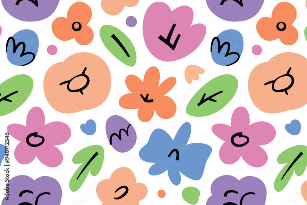 Cute flowers seamless pattern, hand drawn ornament with roses, tulips and daisies, floral vector illustration for summer theme, wrapping paper and backgrounds for celebrations, love and beauty concept Cute flowers seamless pattern, hand drawn ornament with roses, tulips and daisies, floral vector illustration for summer theme, wrapping paper and backgrounds for celebrations, love and beauty concept