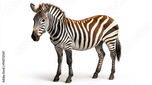 A complete image of a zebra, standing still with its head turned, isolated on a white background, showcasing its distinctive black and white stripes. photo