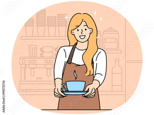 Smiling barista offer coffee in cafe