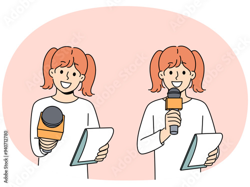 Little girl reporter with microphone smiling participating in shooting of educational TV show for children. Schoolgirl dreams of becoming reporter and working for television to interview celebrities.