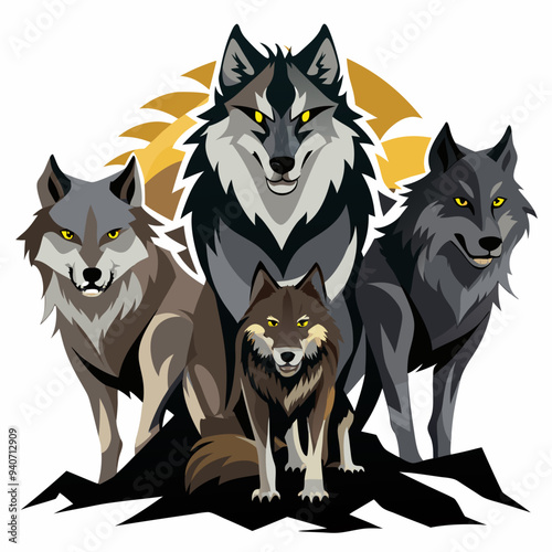 Four Wolves Standing Together with Yellow Eyes and a Sunburst Behind Them