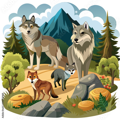 Wolf Pack and Fox in a Mountainous Forest Landscape