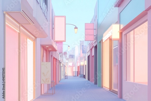 A shopping background with a minimalist alley, characterized by soft pastel hues, geometric shop signs
