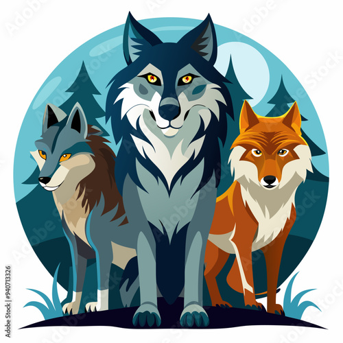 Three Wolves Standing Together in a Forest Setting