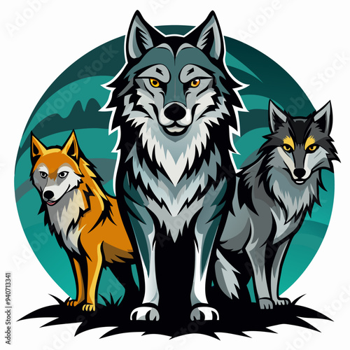 Three Wolves Standing Together in a Forest Setting