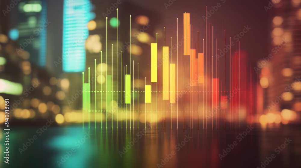 A 3D area chart with layered colors showing financial trends, with the chart set against a blurred cityscape background. A 3D area chart with layered colors showing financial trends, with the chart set against a blurred cityscape background.