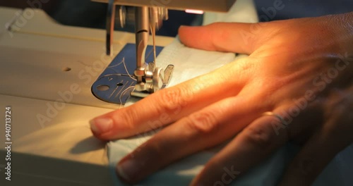 Hands of a seamstress using the sewing machine