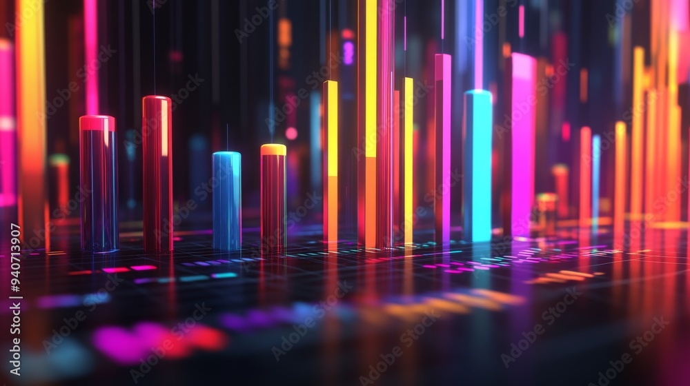 A 3D bar chart with glowing bars in various colors, representing different financial metrics, against a dark, futuristic backdrop.
