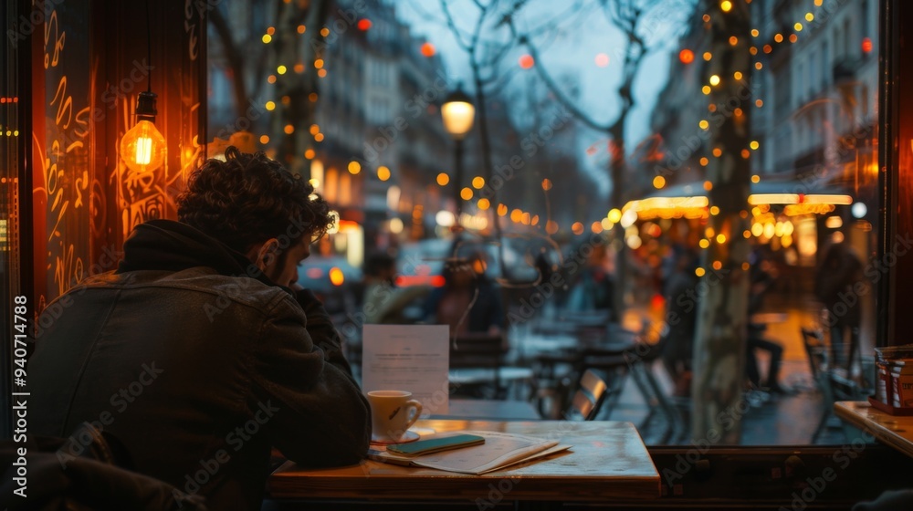 A woman enjoys a festive night out at a city restaurant with Christmas lights and holiday decorations A woman enjoys a festive night out at a city restaurant with Christmas lights and holiday decorations