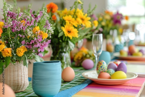 Springtime Table Setting with Flowers and Easter Eggs