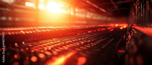 Closeup of computer server with glowing lights in a data center, capturing the essence of high-tech infrastructure and digital networking. photo