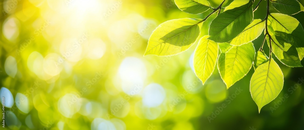 A close-up of a sunlit tree branch, adorned with verdant leaves A close-up of a sunlit tree branch, adorned with verdant leaves