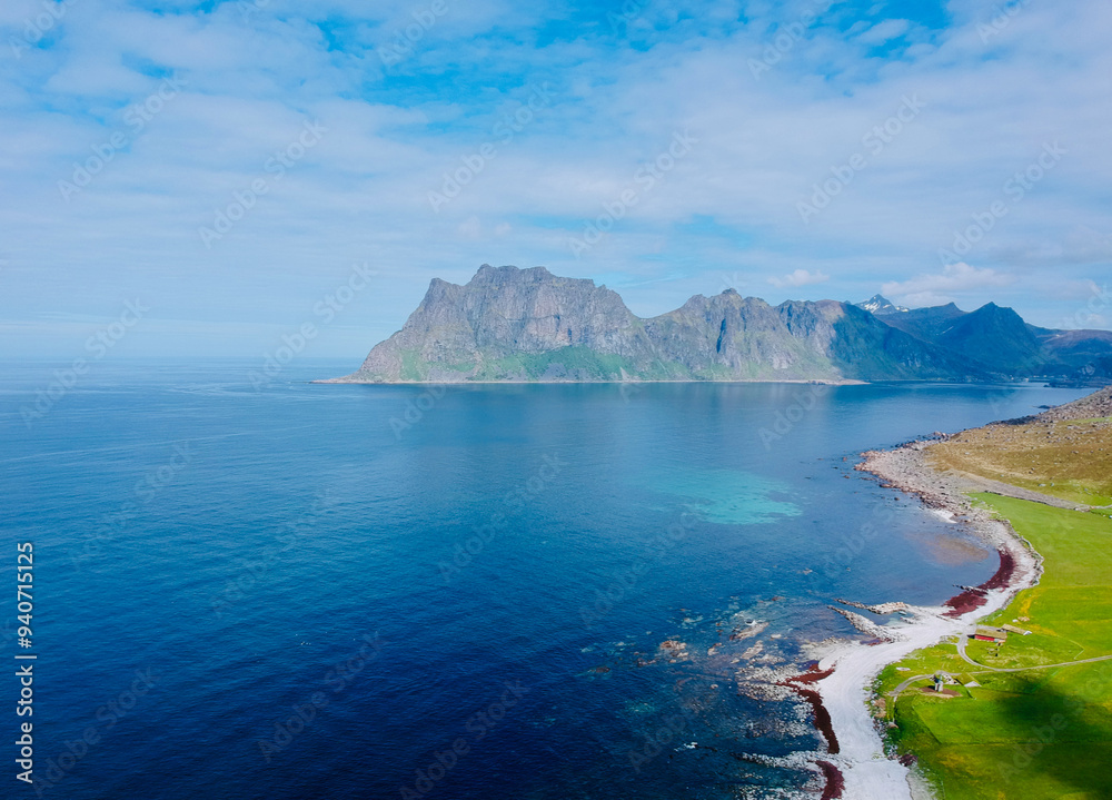 Aerial view of rugged coastline of Lofoten, close to Uttakleiv beach Aerial view of rugged coastline of Lofoten, close to Uttakleiv beach