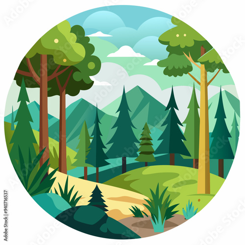 A Circular Illustration of a Green Forest with Mountains in the Background