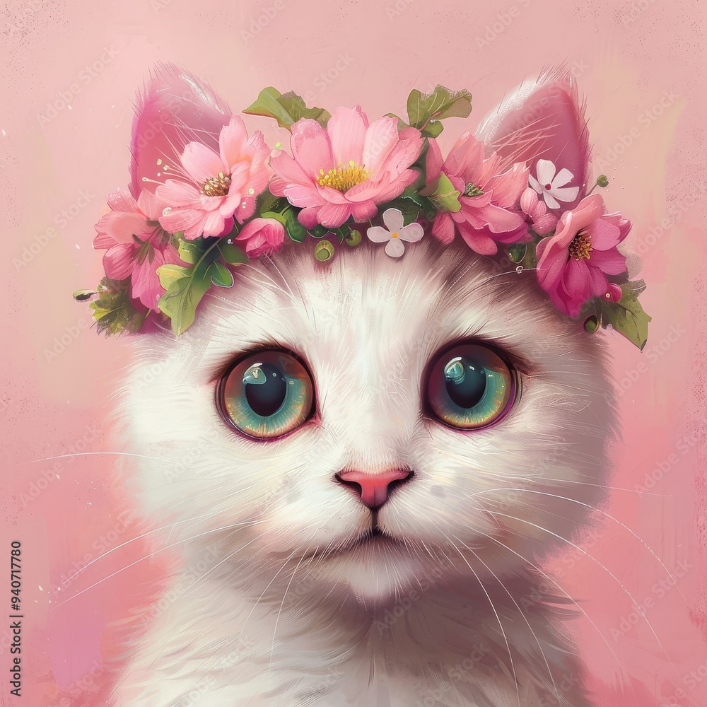 Fototapeta A white cat with a wreath of pink flowers on her head with big green eyes on a pastel pink background