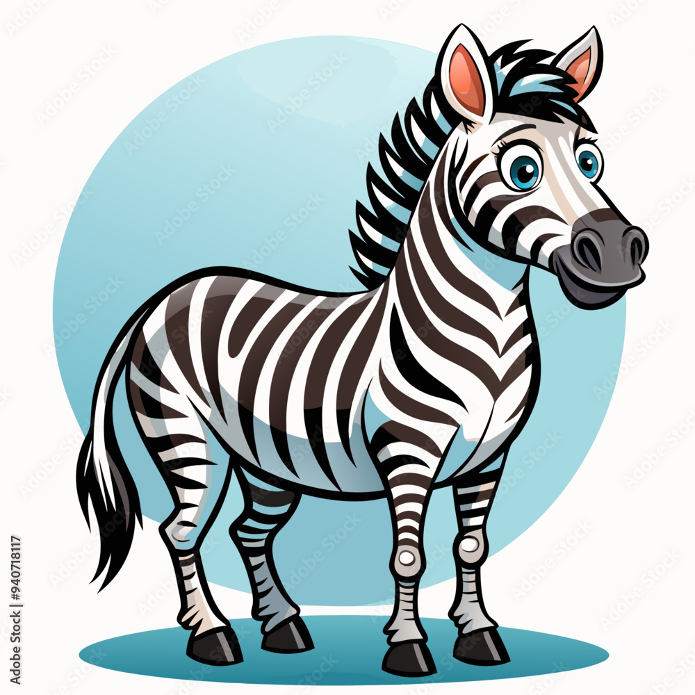 Fototapeta premium Cartoon Zebra with Black and White Stripes Standing on a Blue Circle