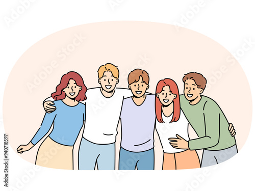 Group of teenagers high school students hug and laugh, enjoy being friends with peers and classmates. Team of happy teenagers looking at screen for advertising educational services